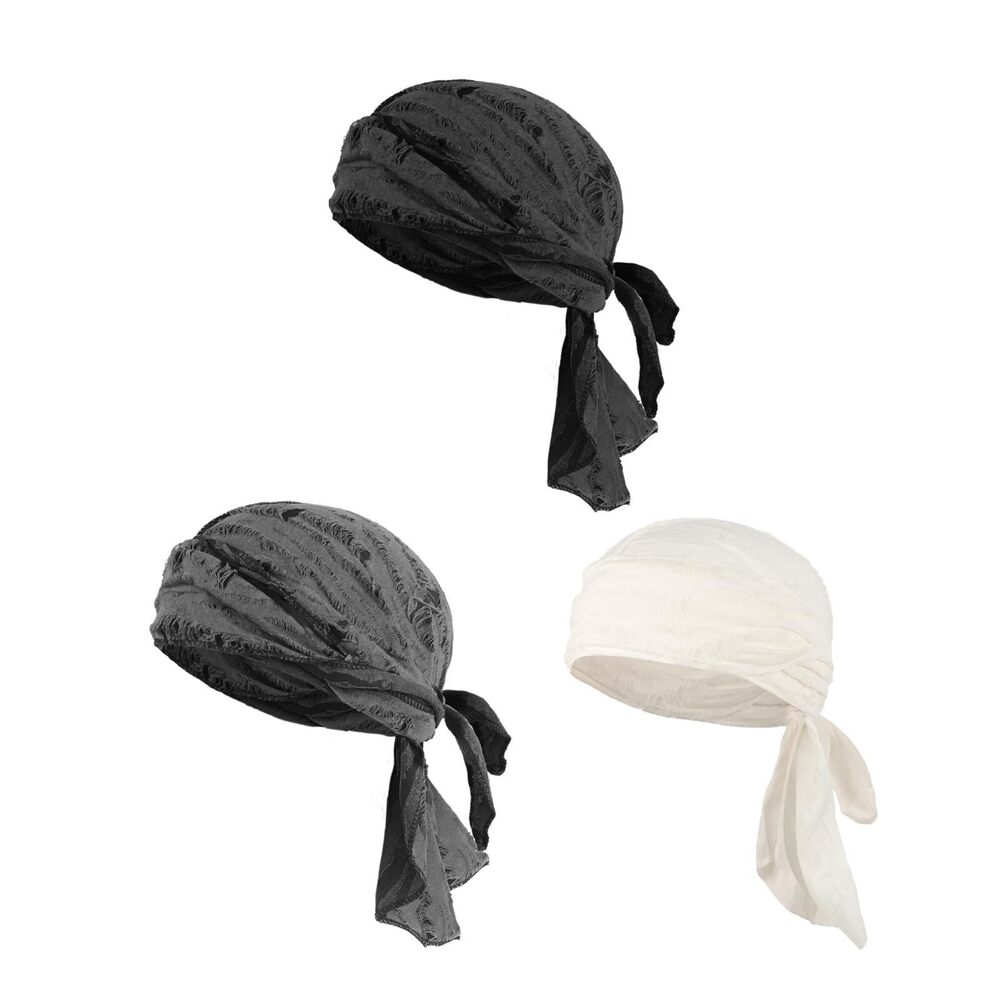 1846 3PCS Long Tail Durag Hat Ragged Pirate Wave Cap Wide Strap Ripped